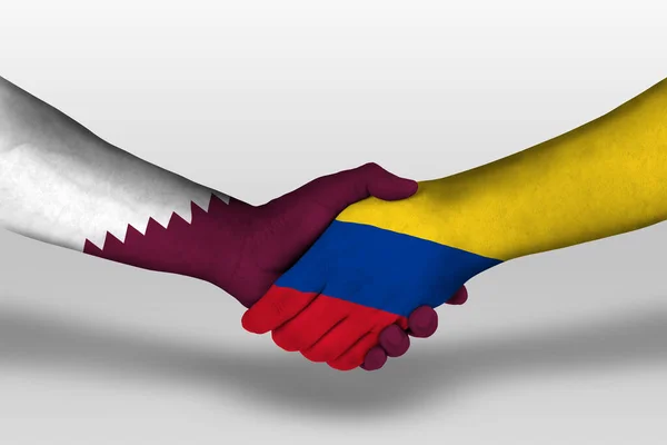 Poignée Main Entre Les Drapeaux Colombiens Qatar Peints Sur Les — Photo