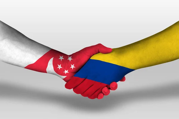 Handshake Columbia Singapore Flags Painted Hands Illustration Clipping Path — Stock Photo, Image