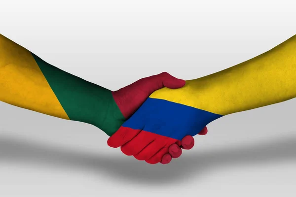 Handdruk Tussen Columbia Lithuania Vlaggen Geschilderd Handen Illustratie Met Knippad — Stockfoto