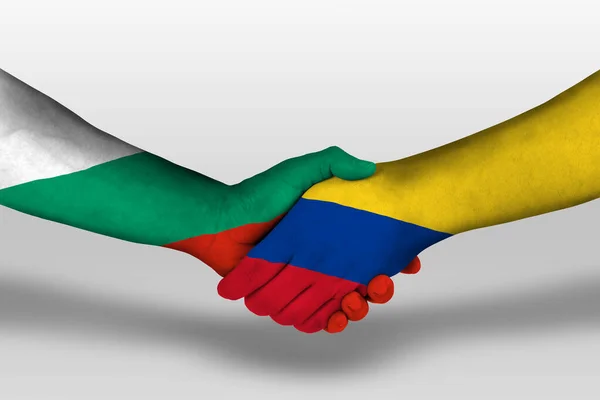 Handdruk Tussen Columbia Bulgaria Vlaggen Geschilderd Handen Illustratie Met Knippad — Stockfoto