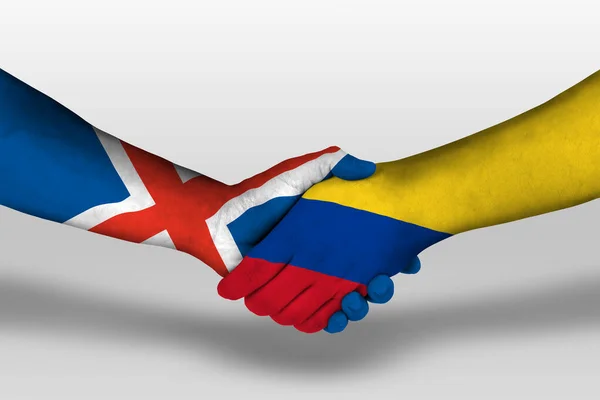 Handdruk Tussen Columbia Ijslandvlaggen Geschilderd Handen Illustratie Met Knippad — Stockfoto