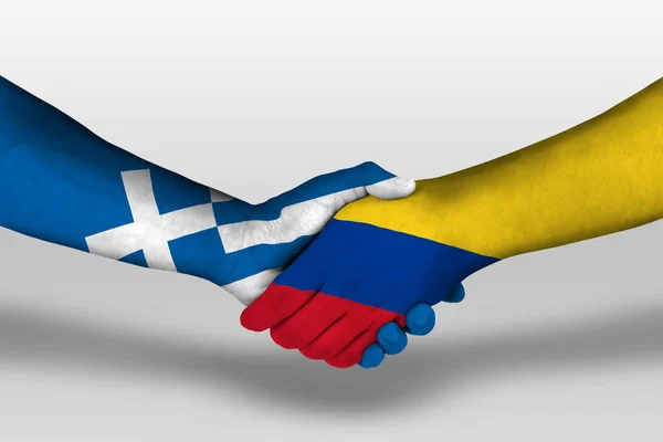 Handdruk Tussen Columbia Griekse Vlaggen Geschilderd Handen Illustratie Met Knippad — Stockfoto