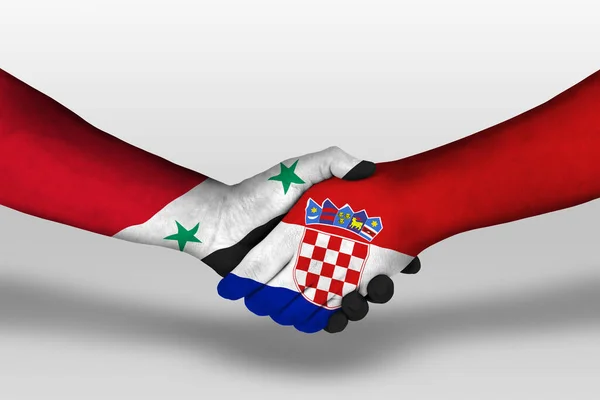 Apretón Manos Entre Croacia Siría Banderas Pintadas Las Manos Ilustración — Foto de Stock