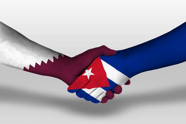 Рукостискання Між Прапорами Куба Катара Намальованими Руках Ілюстрація Відсічним Контуром — стокове фото