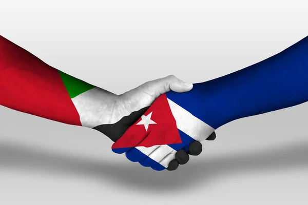Apretón Manos Entre Cuba Arab Unido Emirata Banderas Pintadas Las —  Fotos de Stock