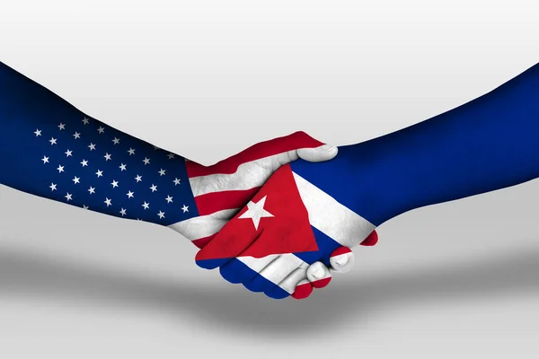 Рукостискання Між Кубом Єднаними Штатами Прапорів Америки Намальованих Руках Ілюстрація — стокове фото