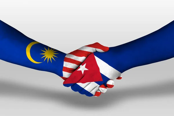 Рукостискання Між Прапорами Куби Малайзії Намальованими Руках Ілюстрація Відсічним Контуром — стокове фото