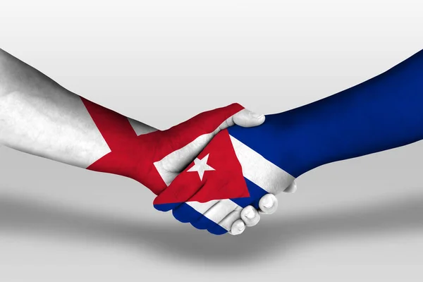 Рукостискання Між Прапорами Куба Англії Намальованими Руках Ілюстрація Відсічним Контуром — стокове фото