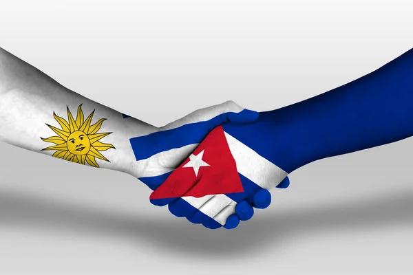 Χειραψία Μεταξύ Cuba Και Uruguay Σημαίες Ζωγραφισμένα Στα Χέρια Εικονογράφηση — Φωτογραφία Αρχείου