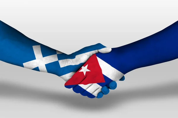 Apretón Manos Entre Cuba Banderas Griegas Pintadas Las Manos Ilustración —  Fotos de Stock