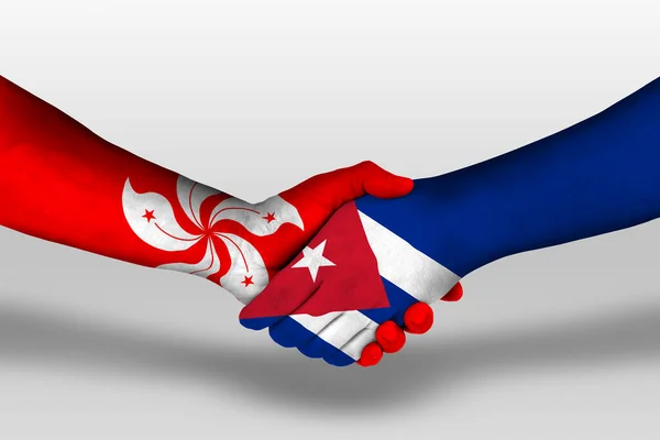 Apretón Manos Entre Banderas Cuba Hong Kong Pintadas Las Manos —  Fotos de Stock