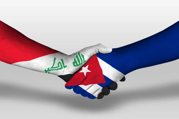 Poignée Main Entre Les Drapeaux Cuba Iraq Peints Sur Les — Photo