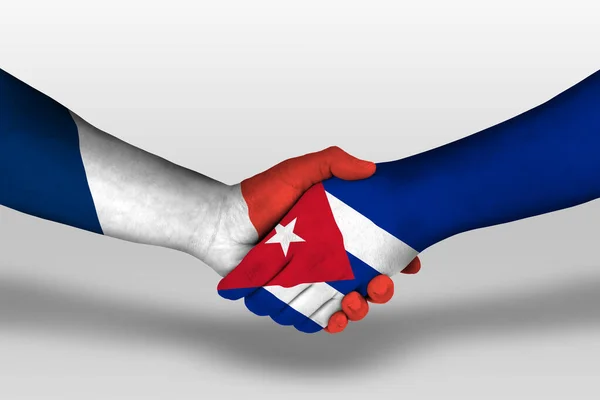 Poignée Main Entre Les Drapeaux Cuba France Peints Sur Les — Photo