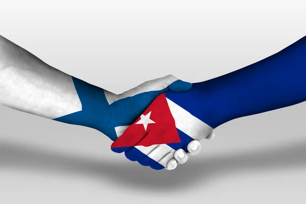 Aperto Mão Entre Bandeiras Cuba Finlândia Pintadas Mãos Ilustração Com — Fotografia de Stock