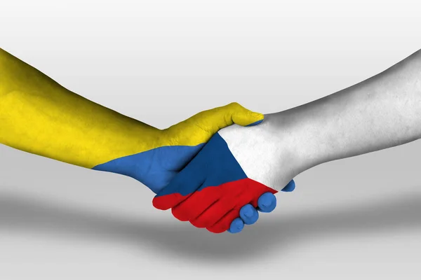 Handshake between czech republic and ukraine flags painted on hands, illustration with clipping path.