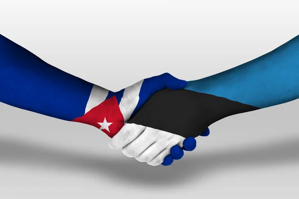 Handslag Mellan Estland Och Kuba Flaggor Målade Händer Illustration Med — Stockfoto