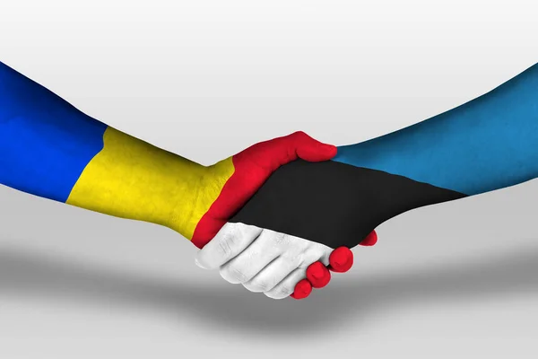 Handshake Estonia Romania Flags Painted Hands Illustration Clipping Path — Fotografia de Stock