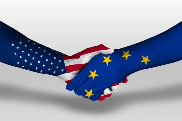 Ruční Podání Mezi Evropskou Unií Spojenými Státy Americkými Vlajky Namalované — Stock fotografie