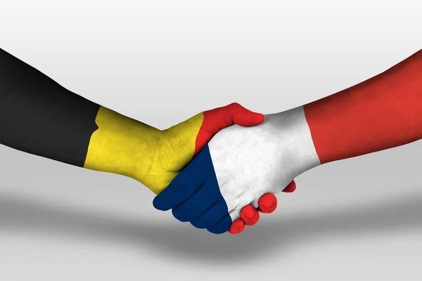 Kézfogás Között Franciaország Belgium Zászlók Festett Kezét Illusztráció Vágási Útvonal — Stock Fotó