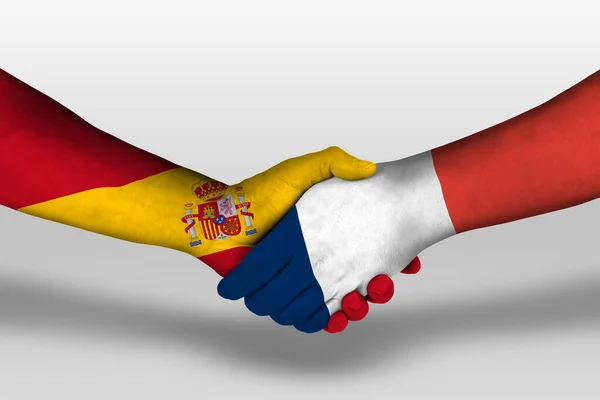 Handshake France Spain Flags Painted Hands Illustration Clipping Path — Φωτογραφία Αρχείου