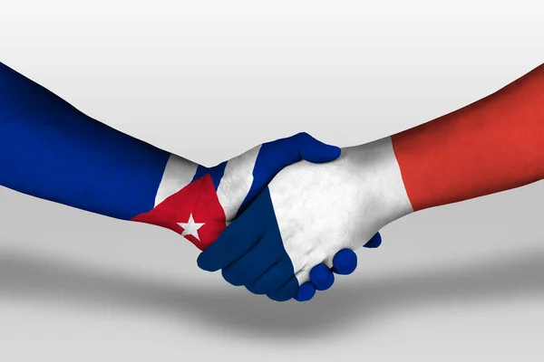 Рукостискання Між Прапорами Франції Куба Намальованими Руках Ілюстрація Відсічним Контуром — стокове фото