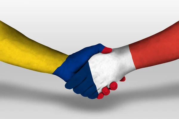 Handshake France Columbia Flags Painted Hands Illustration Clipping Path — Fotografia de Stock