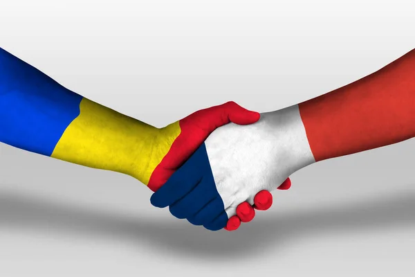 Handshake France Romania Flags Painted Hands Illustration Clipping Path — Fotografia de Stock