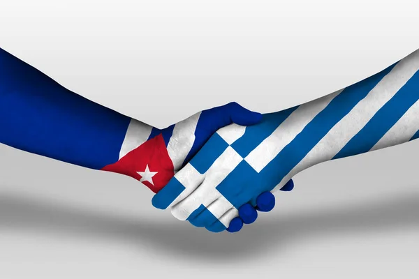 Apretón Manos Entre Las Banderas Griegas Cubanas Pintadas Las Manos —  Fotos de Stock