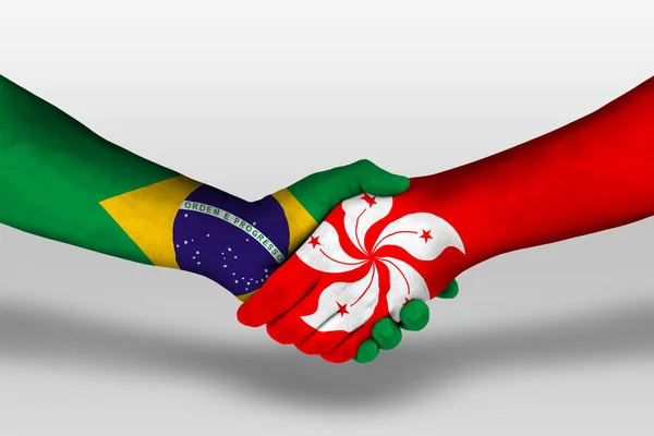 Handshake Hong Kong Brazil Flags Painted Hands Illustration Clipping Path — Stock Photo, Image