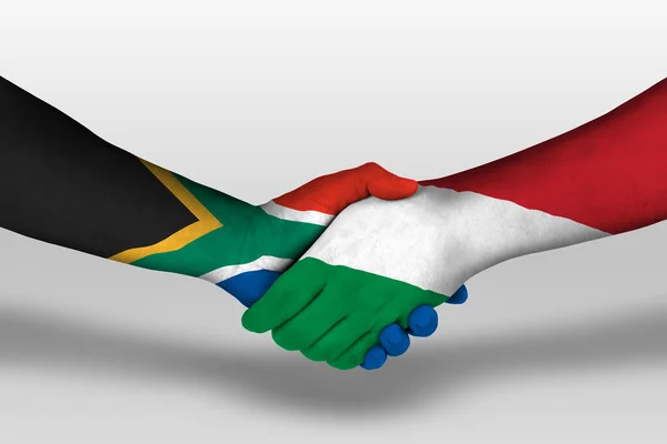 Handslag Mellan Ungerska Och Sydafrikanska Flaggor Målade Händer Illustration Med — Stockfoto