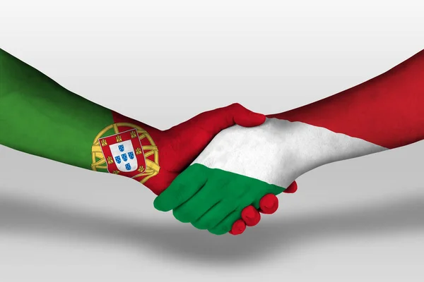 Potřesení Rukou Mezi Maďarskými Portugalskými Vlajkami Namalovanými Rukou Ilustrace Oříznutou — Stock fotografie