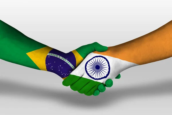 Handshake India Brazil Flags Painted Hands Illustration Clipping Path — Fotografia de Stock