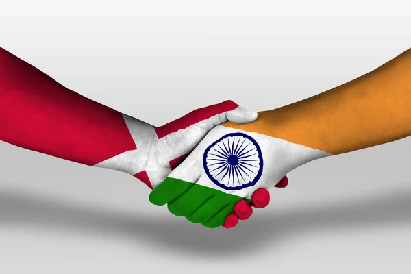 Рукостискання Між Індією Прапорами Намальованими Руках Ілюстрація Відсічним Контуром — стокове фото