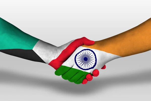 Aperto Mão Entre Índia Bandeiras Kuwait Pintadas Mãos Ilustração Com — Fotografia de Stock