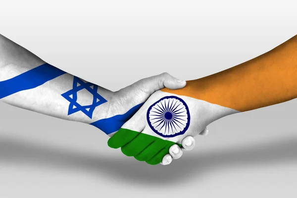 Handslag Mellan India Och Israel Flaggor Målade Händer Illustration Med — Stockfoto