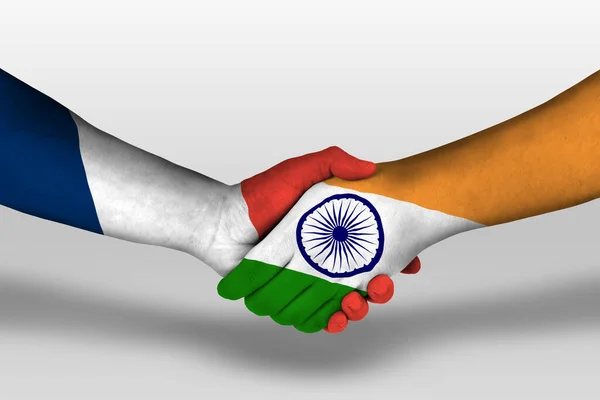 Χειραψία Μεταξύ Της Ινδίας Και Της Γαλλίας Σημαίες Ζωγραφισμένα Στα — Φωτογραφία Αρχείου