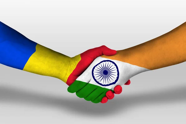 Handshake India Romania Flags Painted Hands Illustration Clipping Path — Fotografia de Stock