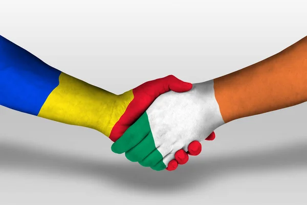 Kézfogás Írország Románia Zászlók Festett Kézen Illusztráció Vágási Útvonal — Stock Fotó