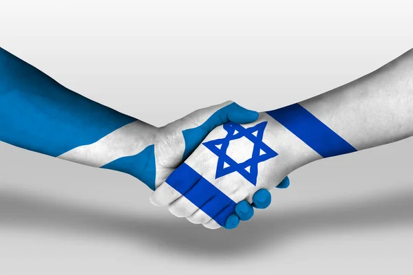 Χειραψία Μεταξύ Israel Και Της Σκωτίας Σημαίες Ζωγραφισμένα Στα Χέρια — Φωτογραφία Αρχείου