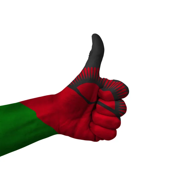 Hand Making Thumbs Sign Malawi Painted Flag Symbol Thumbs Okay — Stock Photo, Image