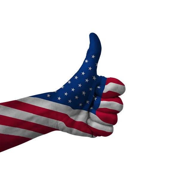 Hand Making Thumbs Sign United States America Painted Flag Symbol — Stock Photo, Image