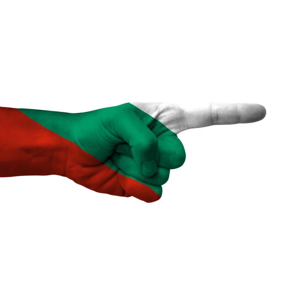 Hand Pointing Right Side Bulgaria Painted Flag Symbol Right Direction — Stock Photo, Image