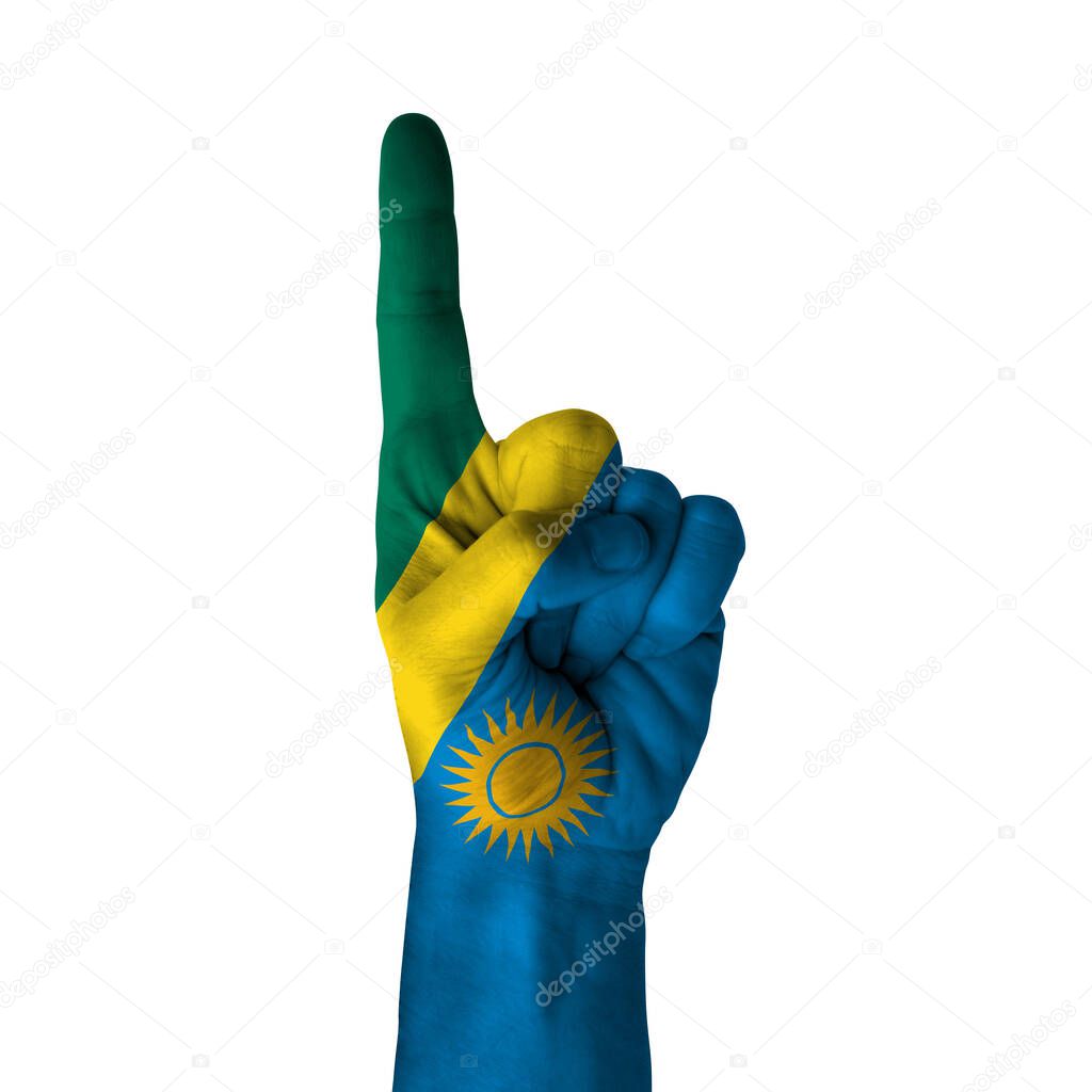 Hand pointing thumb up direction, rwanda painted with flag as symbol of up direction, first and number one symbol - isolated on white background