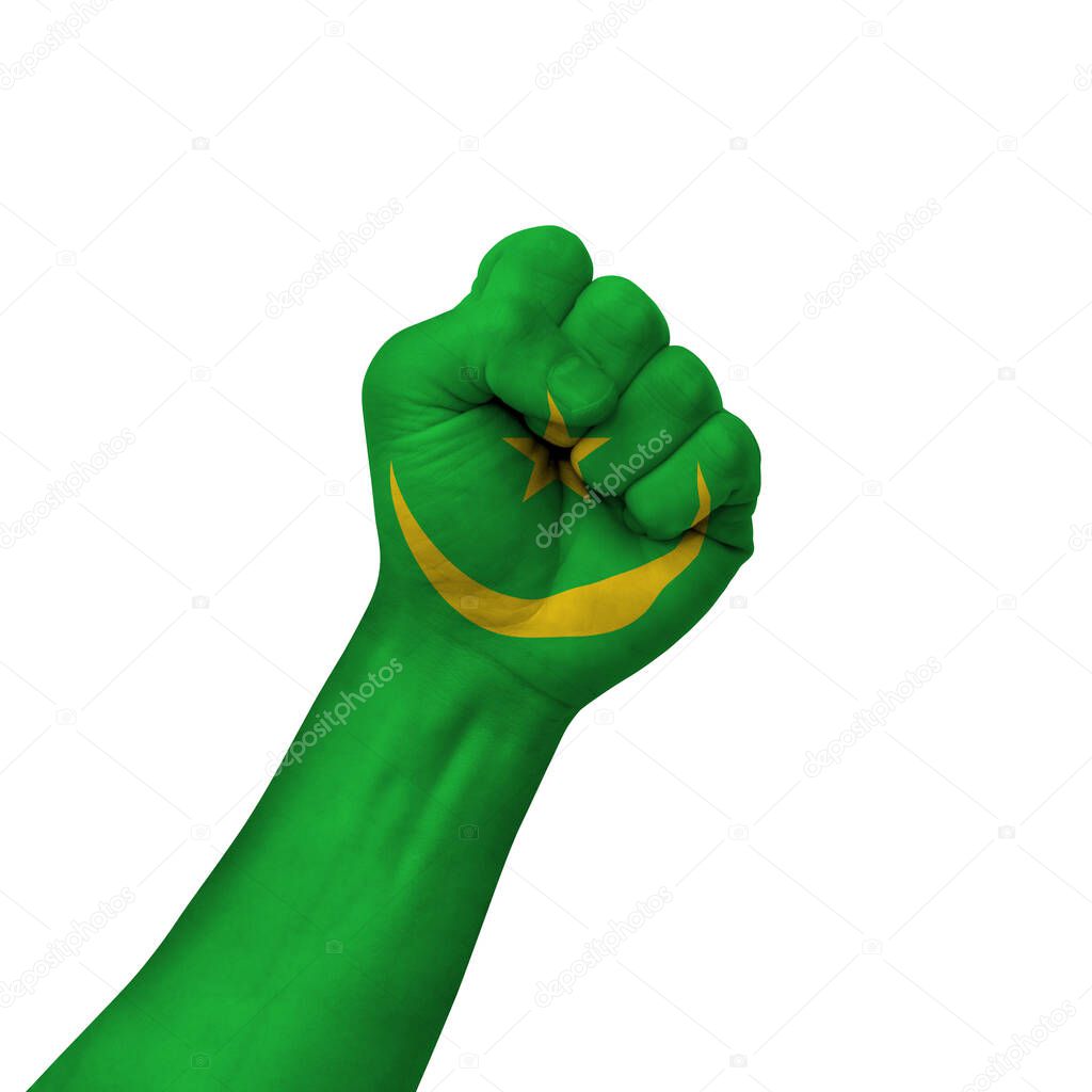 Hand making victory sign, mauritania painted with flag as symbol of victory, resistance, fight, power, protest, success - isolated on white background