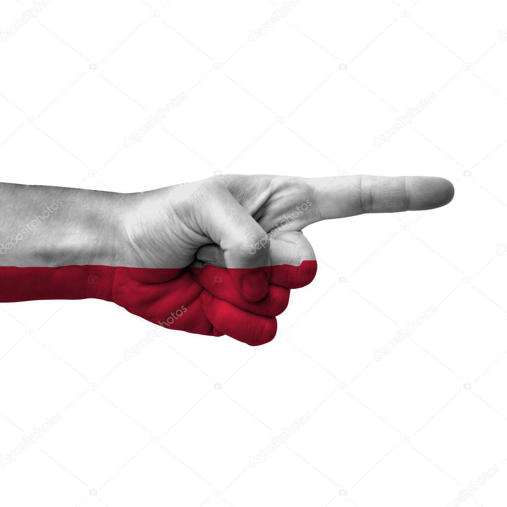 Hand pointing right side, poland painted with flag as symbol of right direction, forward - isolated on white background