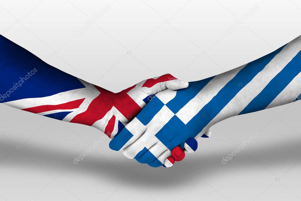 Handshake between greece and united kingdom flags painted on hands, illustration with clipping path.