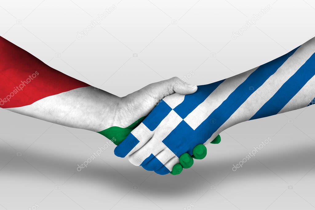 Handshake between greece and hungary flags painted on hands, illustration with clipping path.