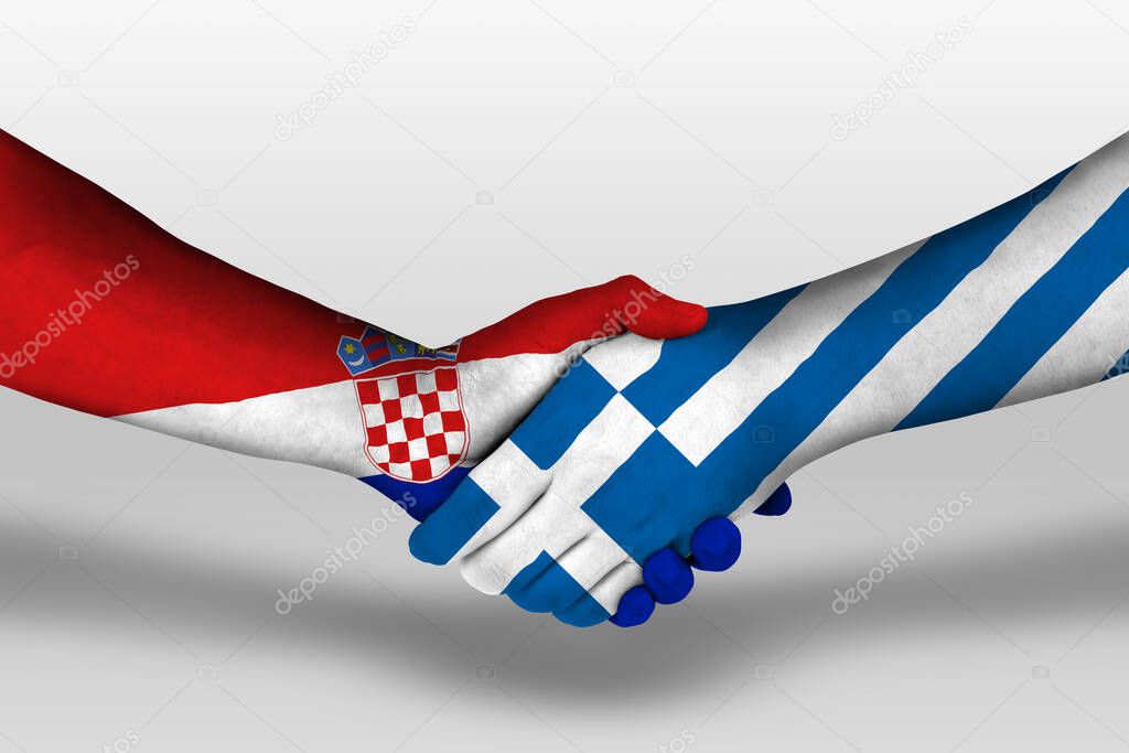 Handshake between greece and croatia flags painted on hands, illustration with clipping path.