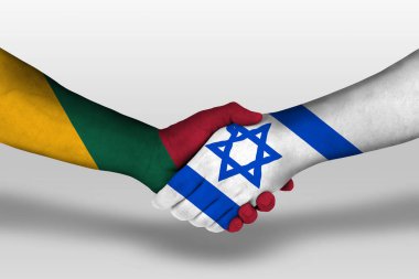 Handshake between israel and lithuania flags painted on hands, illustration with clipping path.