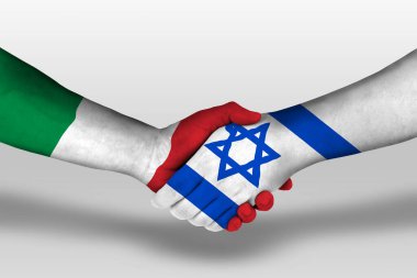 İsrail ve İtalya arasındaki el sıkışma ellerinde boyanmış bayraklar, kırpma yolu ile illüstrasyon.